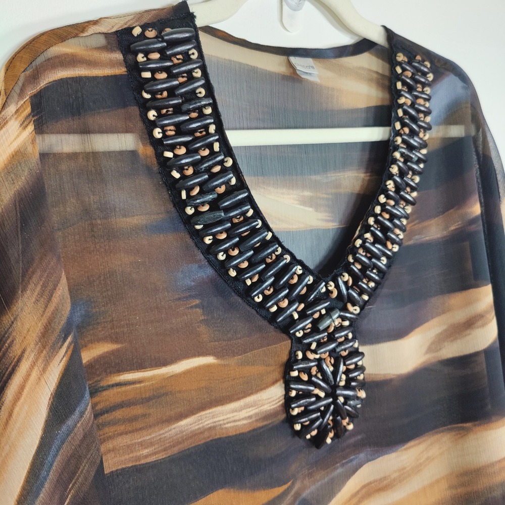 Chico's Beaded Sheer Poncho Blouse Brown Abstract Boho One Size - Picture 3 of 7